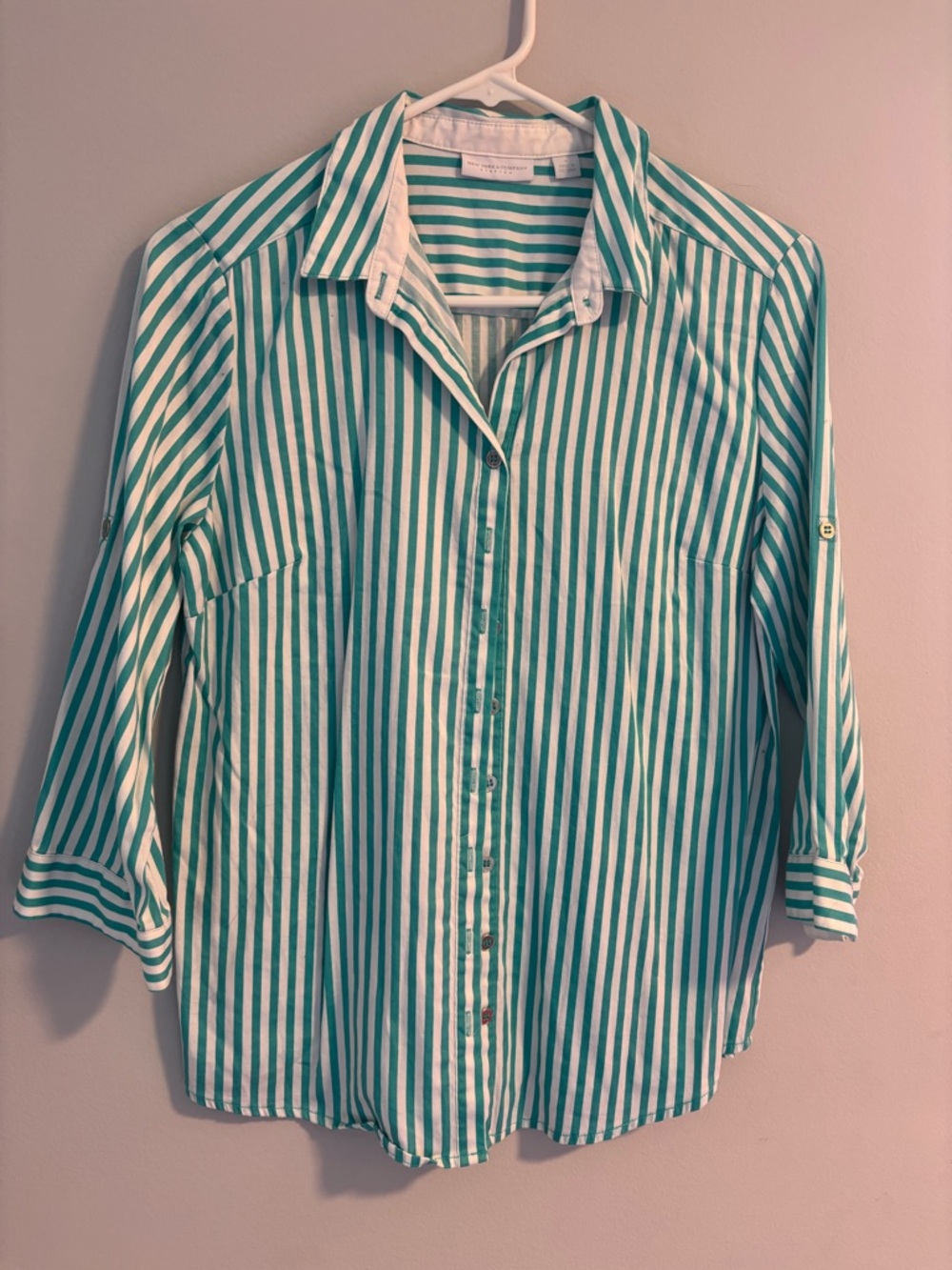 New York & Company Teal and White Striped Button-Down Shirt